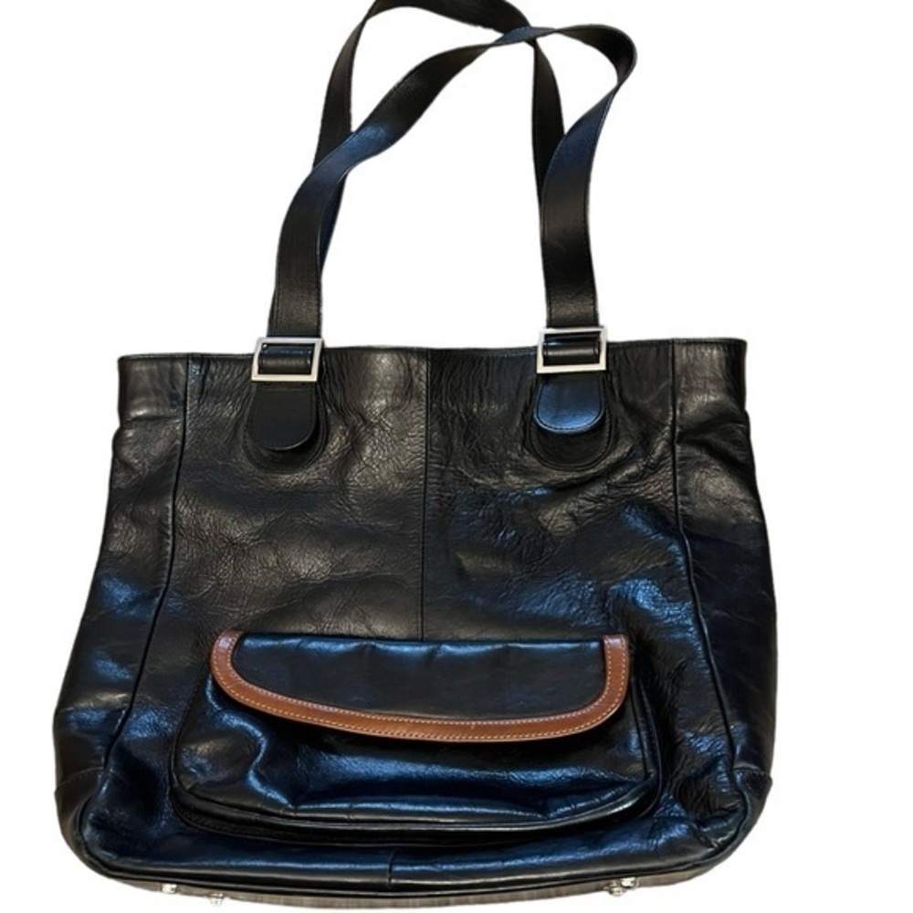 PLY New York Black & Brown 2 Tone Leather Tote Bag with Pocket & Striped Lining
